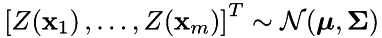 \[ \left[Z\!\left(\mathbf{x}_{1}\right),\ldots,Z\!\left(\mathbf{x}_{m}\right)\right]^{T}\sim\mathcal{N}\!\left(\boldsymbol{\mu},\boldsymbol{\Sigma}\right) \]